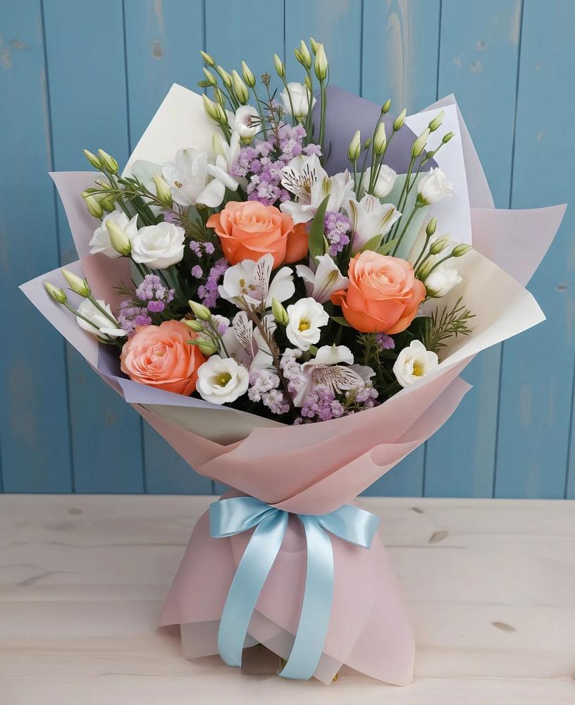 Букет цветов из: Лизиантусы, Розы, Альстромерии и Гипсофила в Любимовке