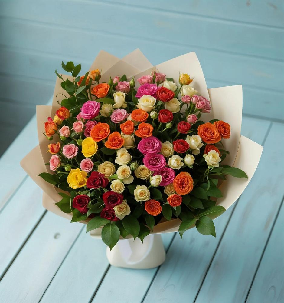 Букет Микс из разноцветных кустовых роз в Любимовке