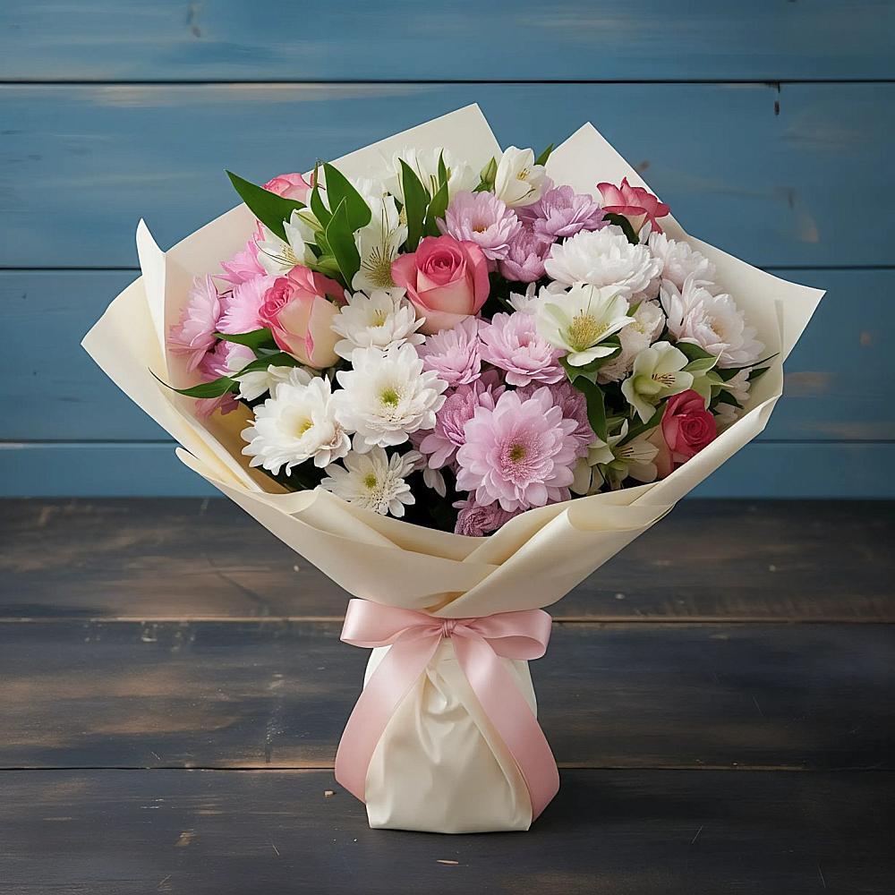 Букет цветов из: Хризантемы, Альстромерии и Розы в Любимовке